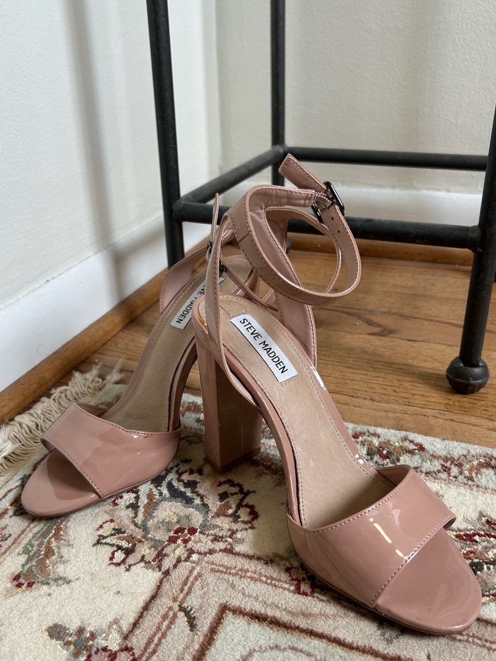 Steve Madden Blush Patent Block Heel Sandals with Ankle Strap